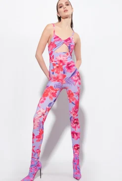 Robes|PINKO Combinaison Moulante A Imprime Floral Tropical Lilas/Rose Clair/Fuchsia