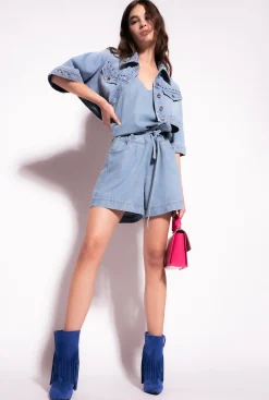Robes|PINKO Combishort En Denim Fluide Delavage Clair