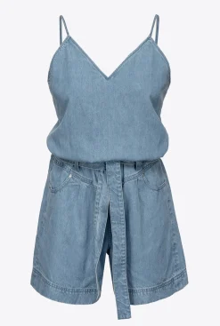 Robes|PINKO Combishort En Denim Fluide Delavage Clair