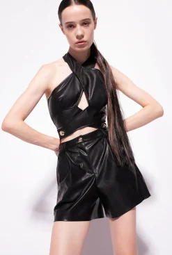Tailleurs Et Ensembles|PINKO Crop Top Effet Cuir Noir Limousine