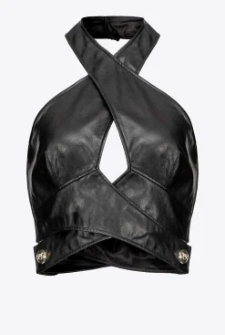 Tailleurs Et Ensembles|PINKO Crop Top Effet Cuir Noir Limousine