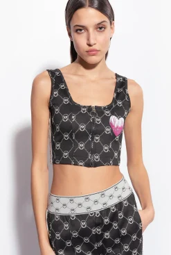 Topwear|PINKO Crop Top En Maille Jacquard Monogram Noir/Ecru
