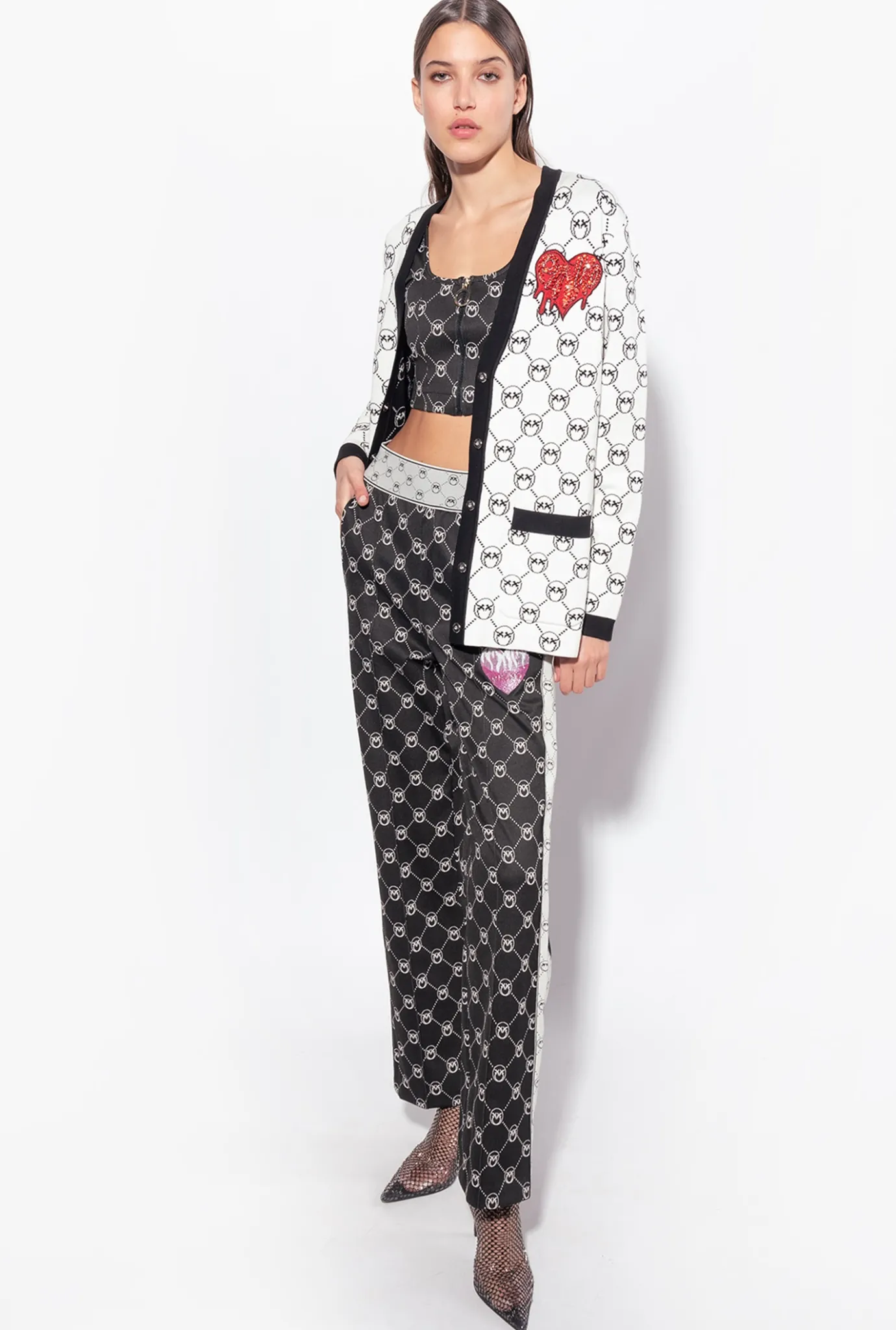 Topwear|PINKO Crop Top En Maille Jacquard Monogram Noir/Ecru