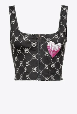 Topwear|PINKO Crop Top En Maille Jacquard Monogram Noir/Ecru