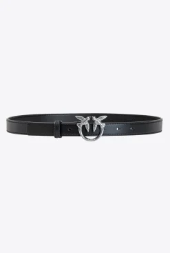 Ceintures|PINKO Fine Ceinture Love Birds En Cuir Noir-Vieil Argent