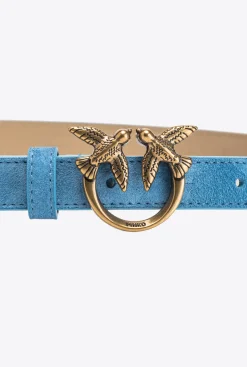 Ceintures|PINKO Fine Ceinture Love Birds En Daim Bleu Ciel-Or Antique
