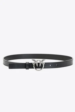 Ceintures|PINKO Fine Ceinture Love Birds En Cuir Noir-Vieil Argent
