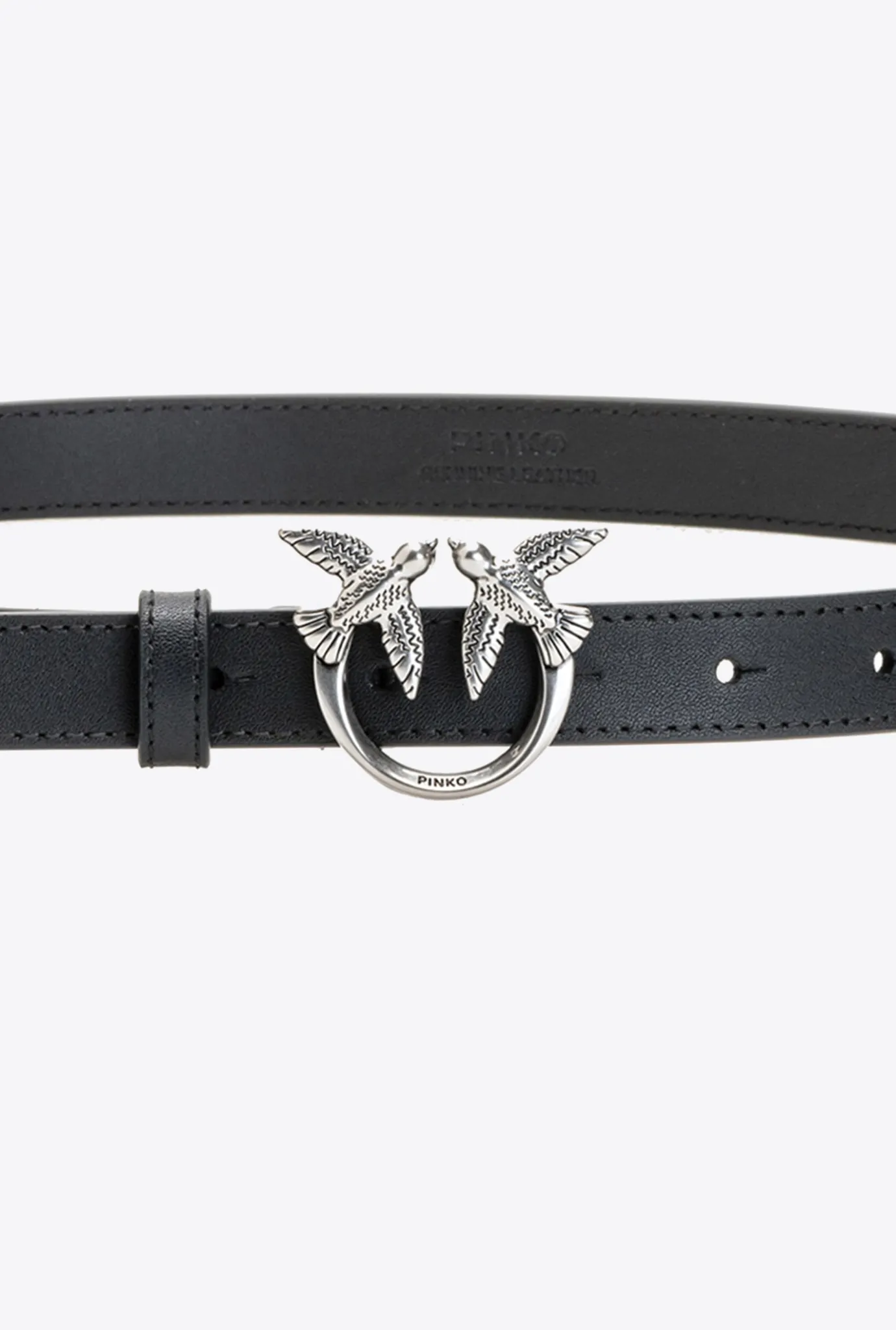 Ceintures|PINKO Fine Ceinture Love Birds En Cuir Noir-Vieil Argent
