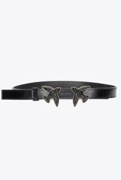 Ceintures|PINKO Fine Ceinture Love Birds En Cuir Brosse Noir Limousine Color Block