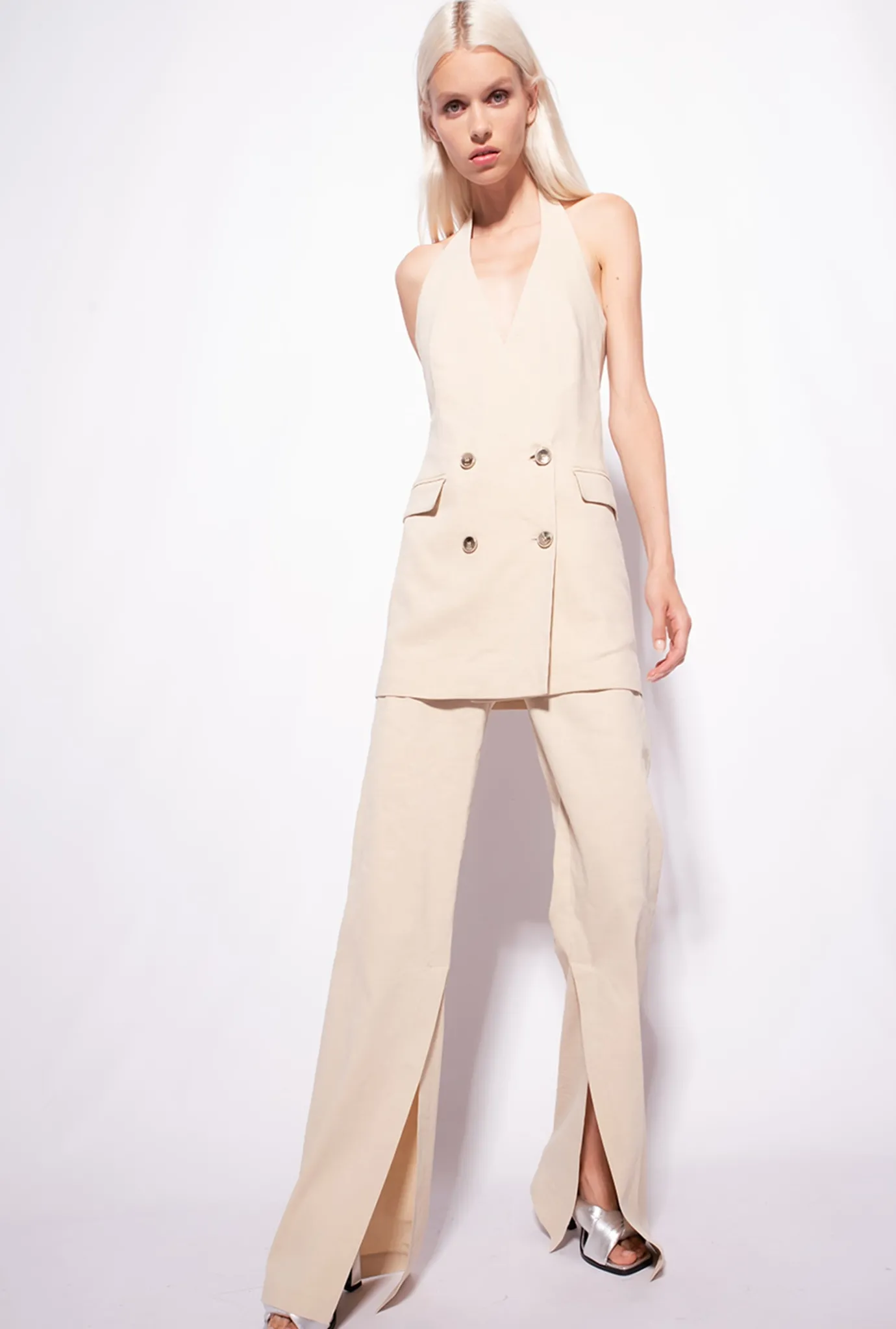 Tailleurs Et Ensembles|PINKO Gilet Long En Lin Beige Amande Glacee