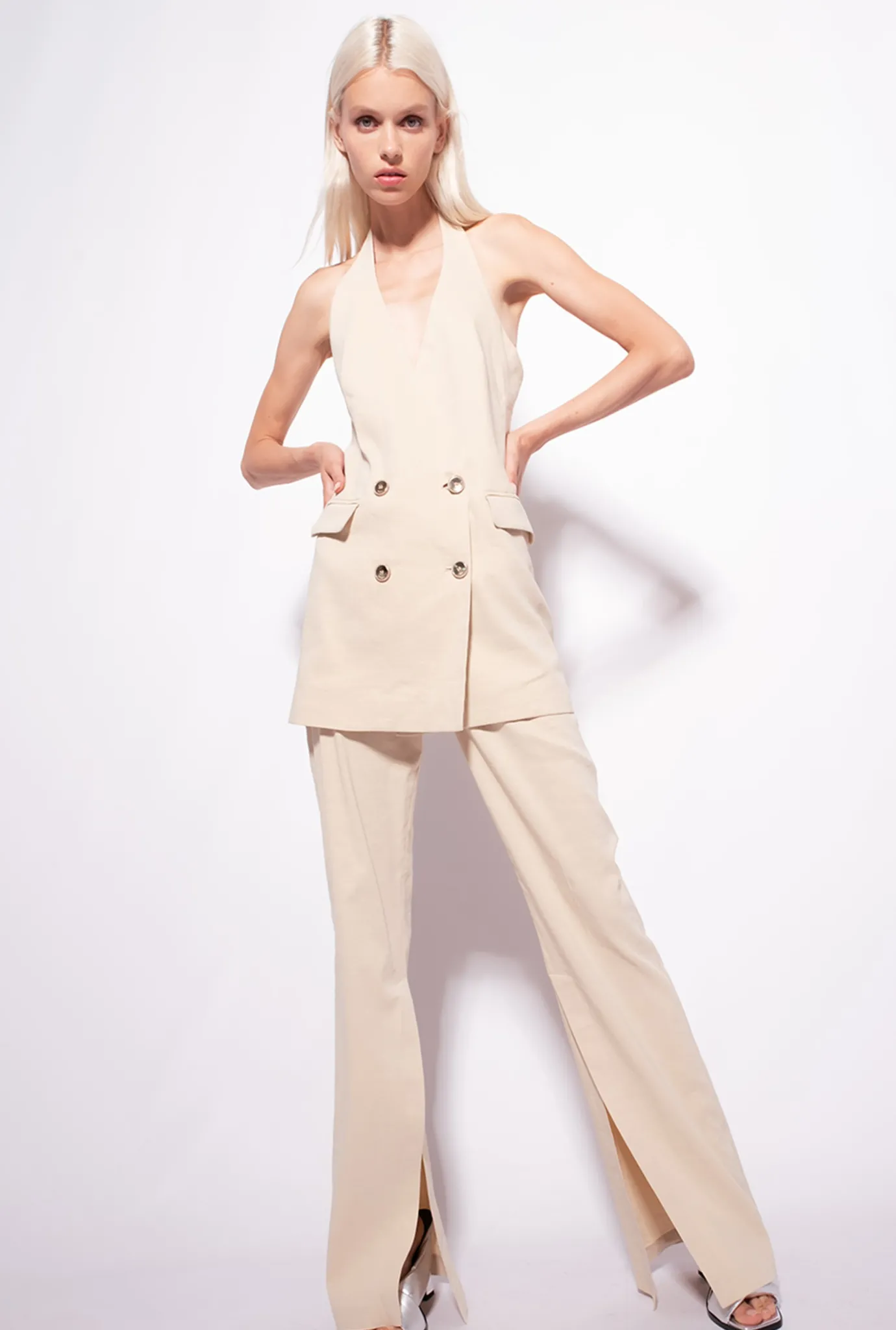 Tailleurs Et Ensembles|PINKO Gilet Long En Lin Beige Amande Glacee