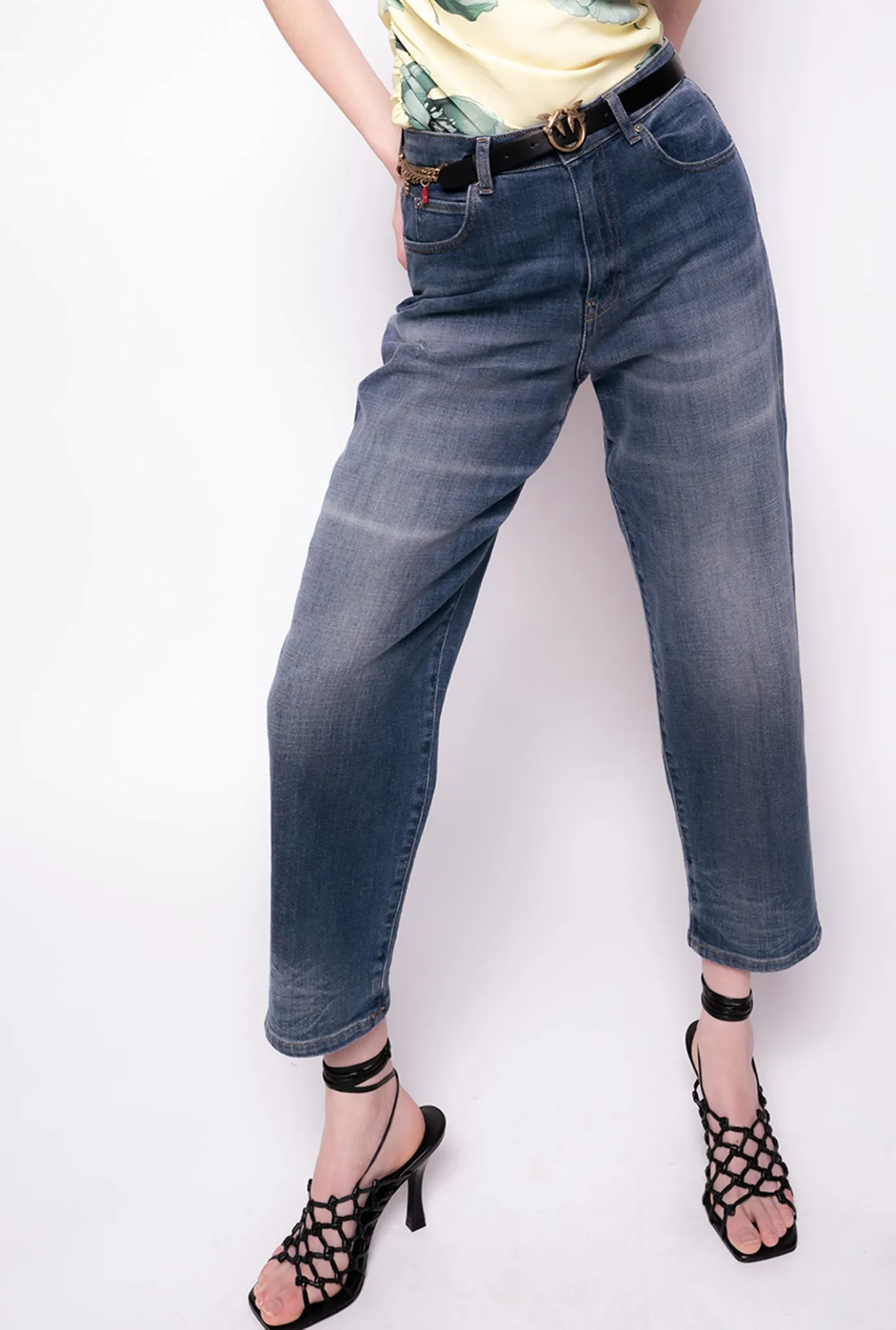 Jeans|PINKO Jean Coupe Mom En Denim Vintage Bleu Ecusson