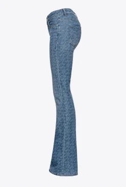 Jeans|PINKO Jean Flare En Denim A Logo Blanc/Bleu Fonce
