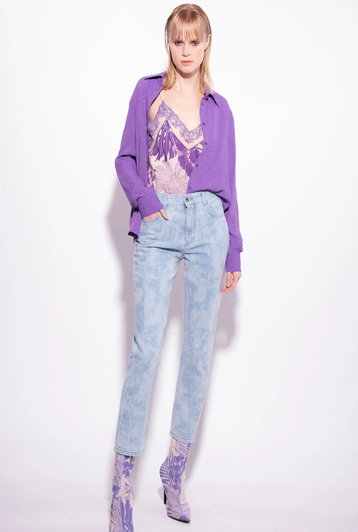 Jeans|PINKO Jean Slim Effet Marbre A Strass Blanc/Azur