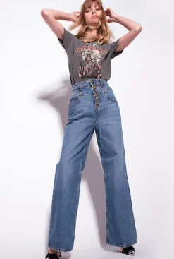 Jeans|PINKO Jean Wide Leg A Boutons Bijoux Bleu-Bleu De Delft