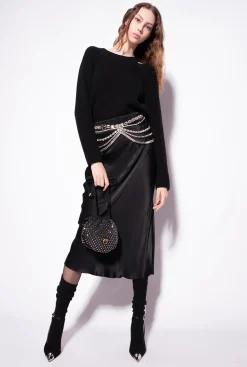 Jupes|PINKO Jupe En Satin Avec Ceinture Bijou Noir Limousine