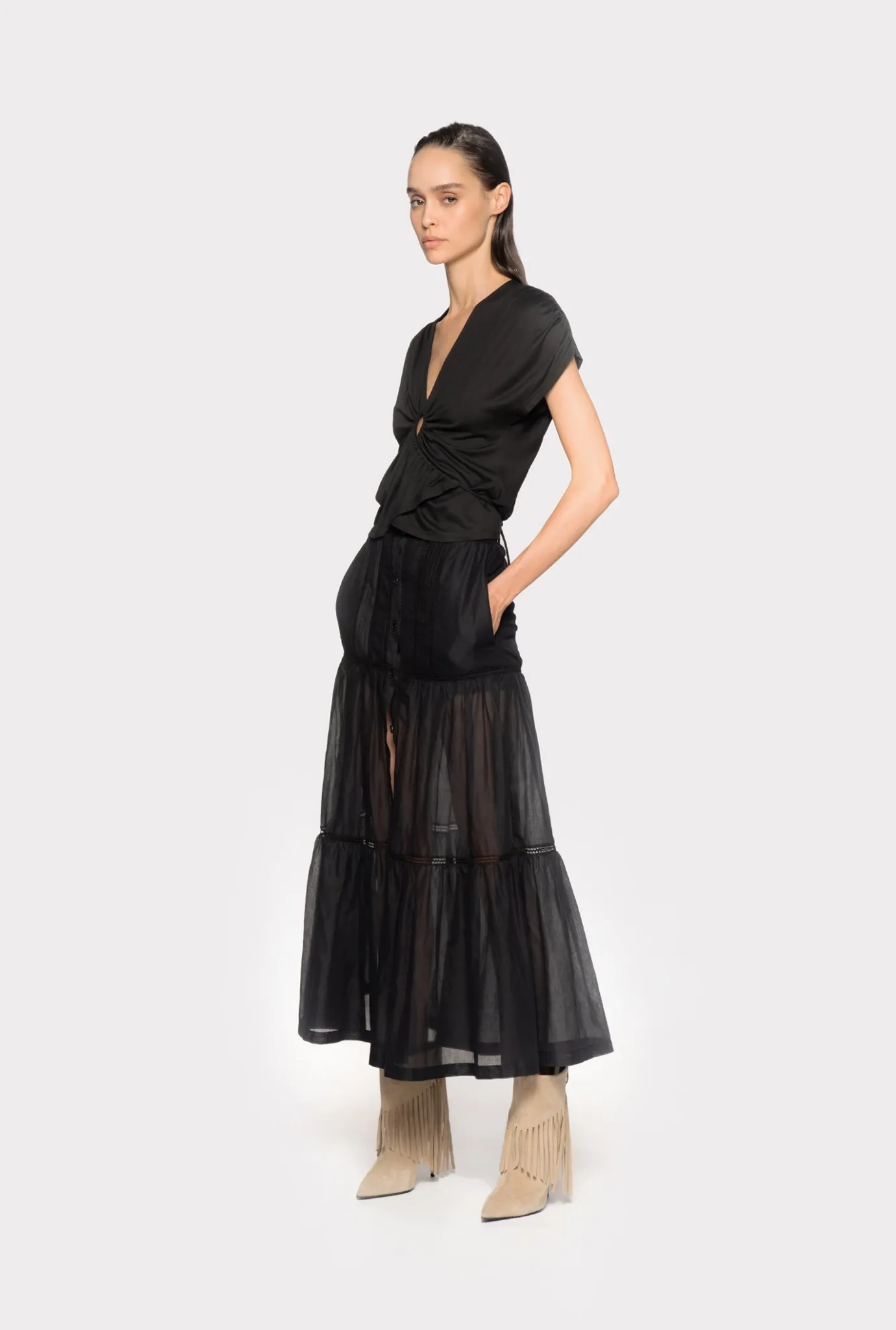 Jupes|PINKO Jupe Longue En Mousseline Noir Limousine