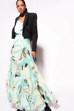 Jupes|PINKO Jupe Plissee A Imprime Fleuri Multicolore - Vert D'Eau/Beige