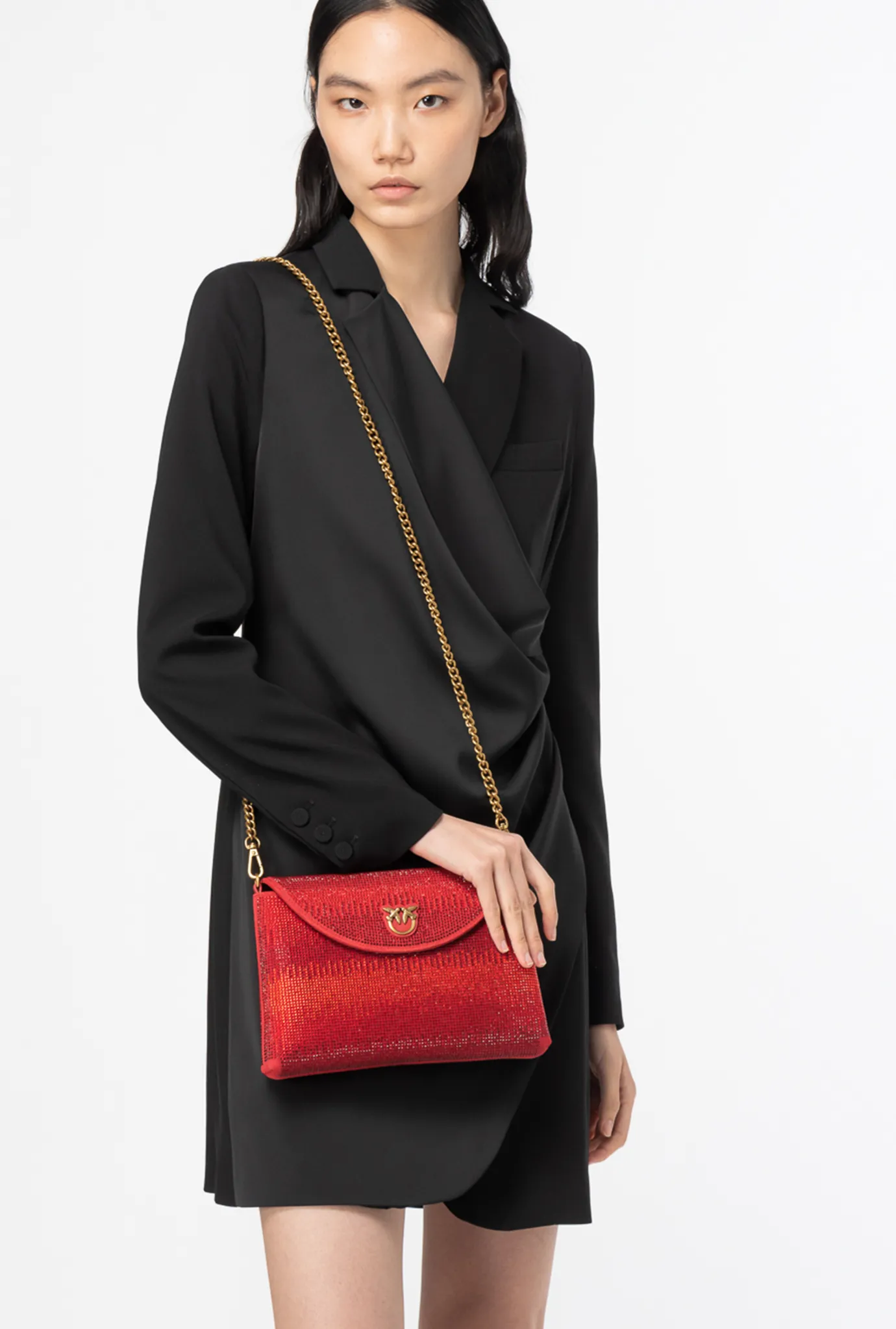 Sacs De Soirée|PINKO Love Bag Soft Envelope Full Strass Rouge Grenat-Or Antique