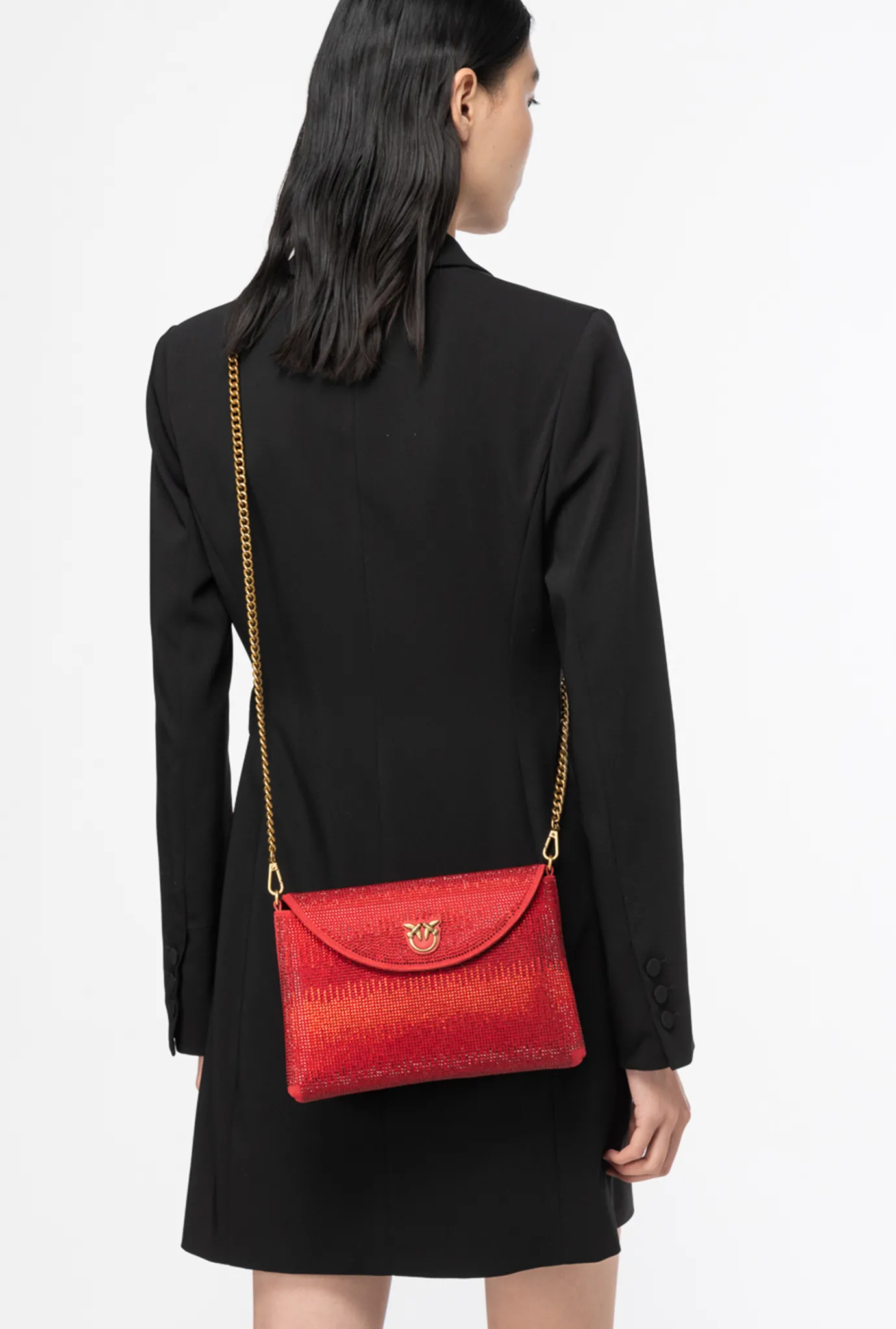 Sacs De Soirée|PINKO Love Bag Soft Envelope Full Strass Rouge Grenat-Or Antique