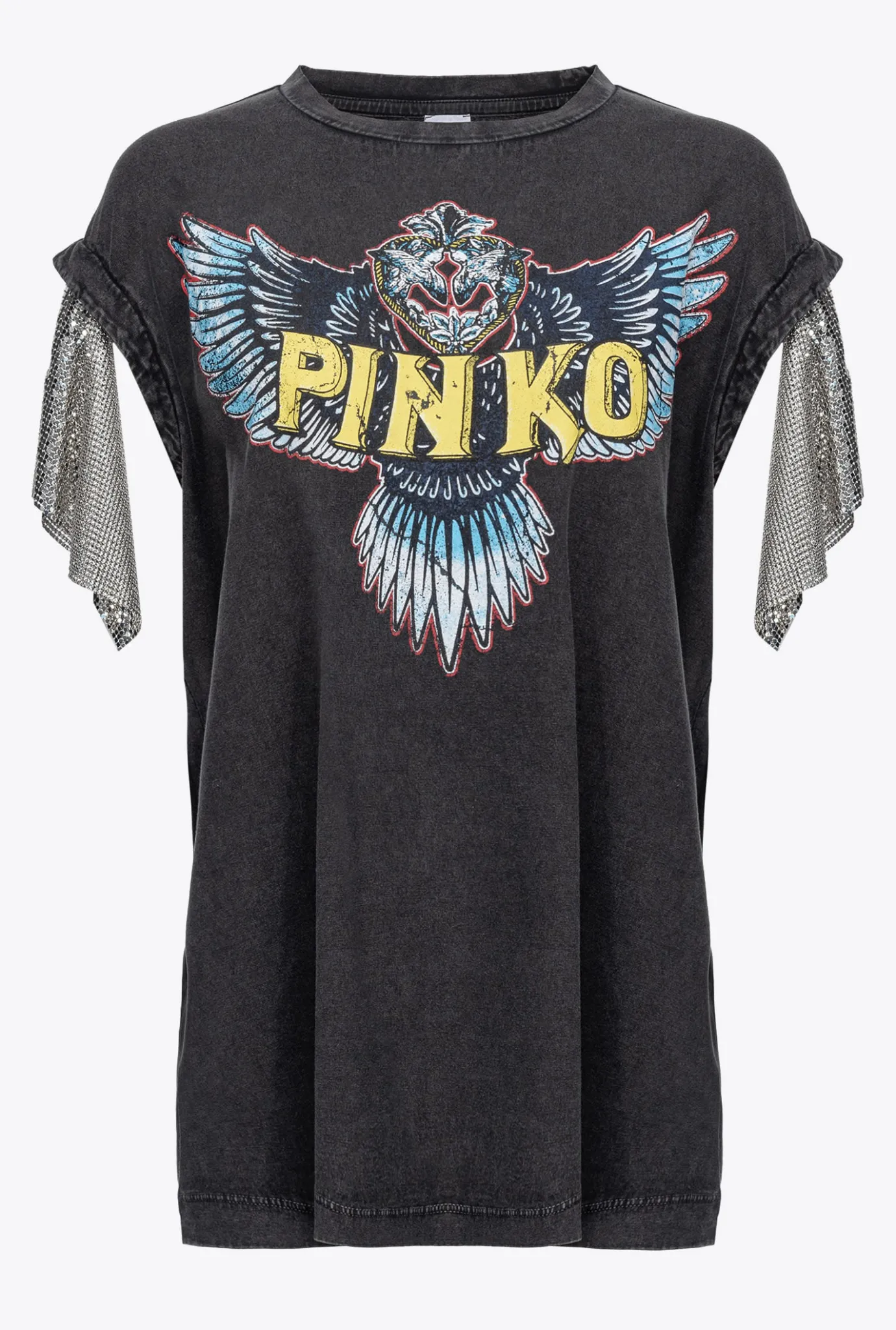 Topwear|PINKO Maxi T-Shirt Wing And Logo Gris-Noir Intense