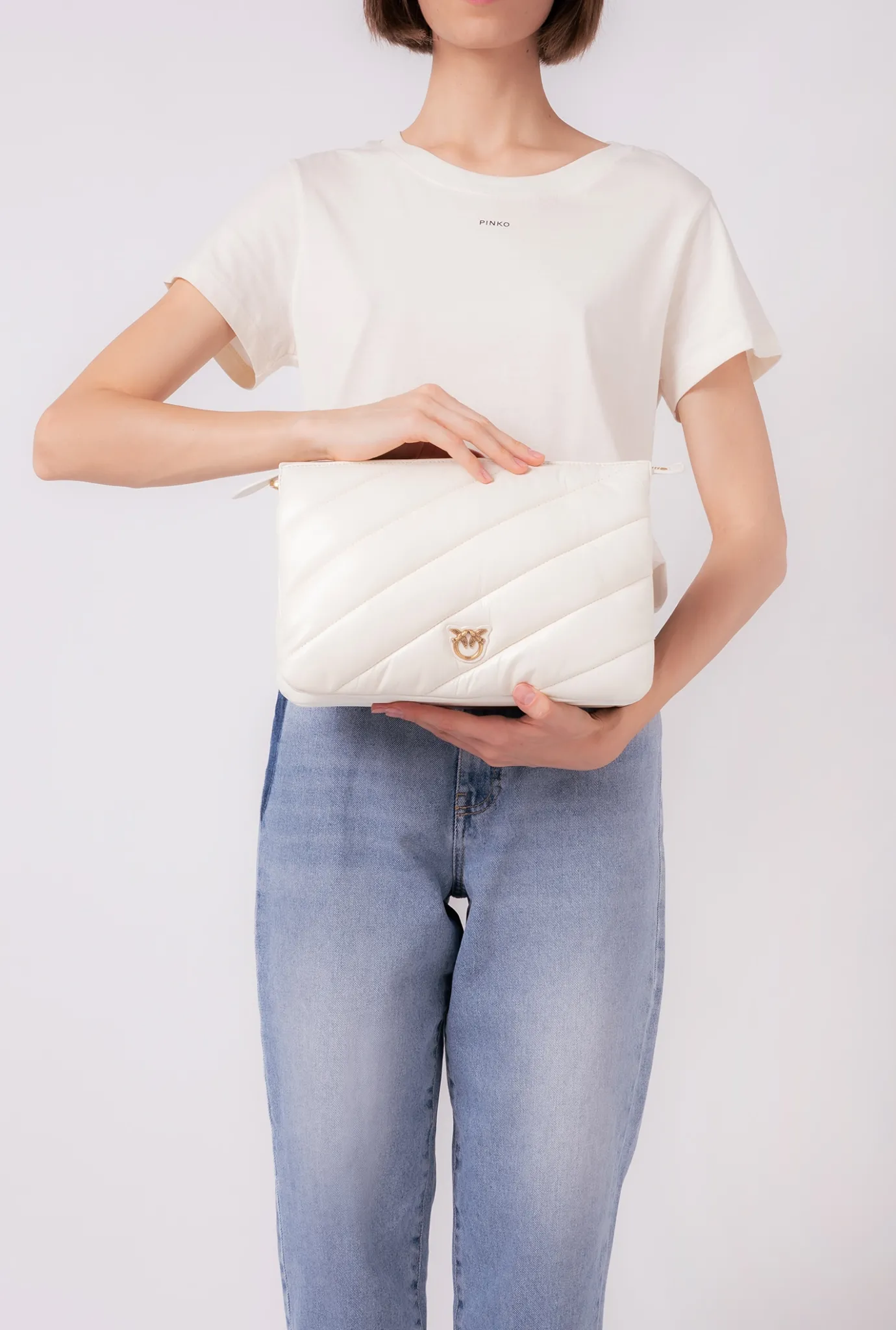 Sacs À Bandoulière|PINKO Medium Twins Bag Maxi Quilt Blanc+Blanc-Or Antique
