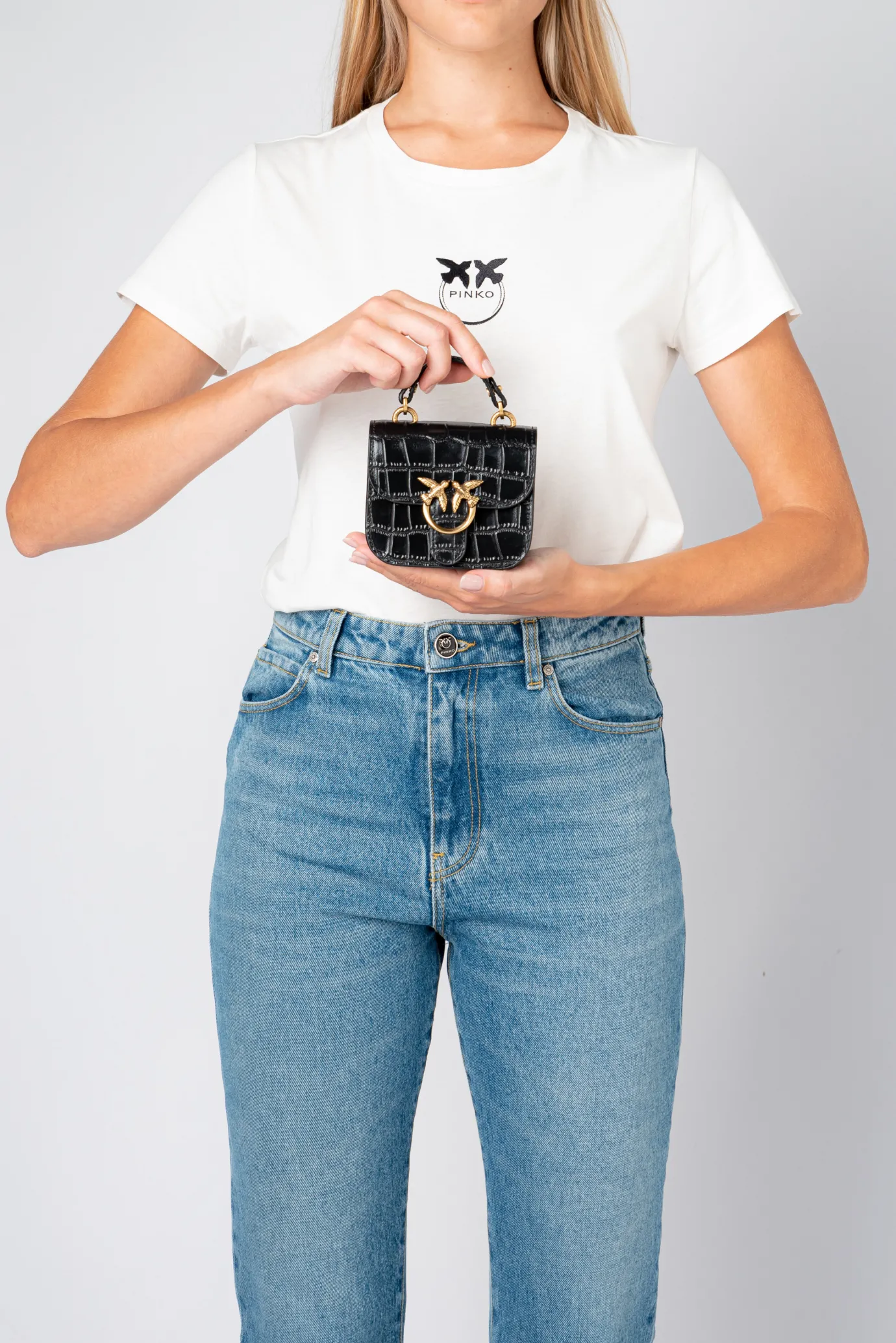 Sacs De Soirée|PINKO Micro Love Bag Bell Croco Noir-Vieil Or