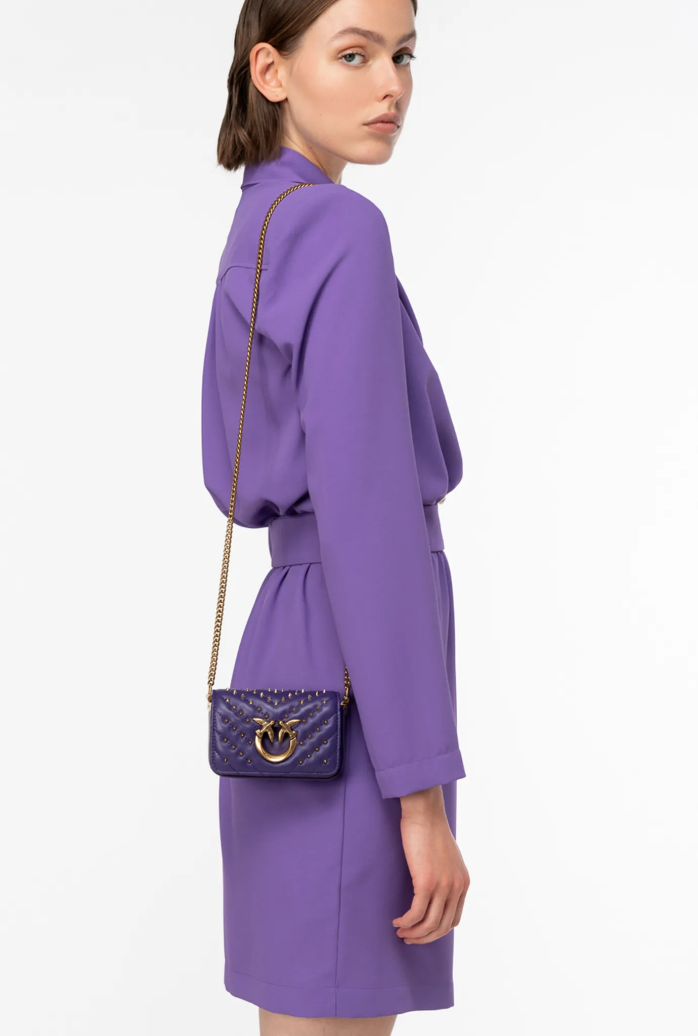 Micro Love Bag|PINKO Micro Love Bag Click Chevron Studs Violet Frangipanier-Or Antique