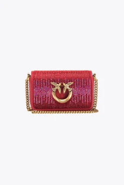 Sacs De Soirée|PINKO Micro Love Bag Click Full Strass Rouge Grenat-Or Antique