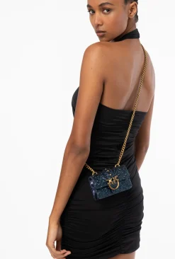 Sacs De Soirée|PINKO Micro Love Bag Grainy Glitter Bleu Clematite-Or Antique