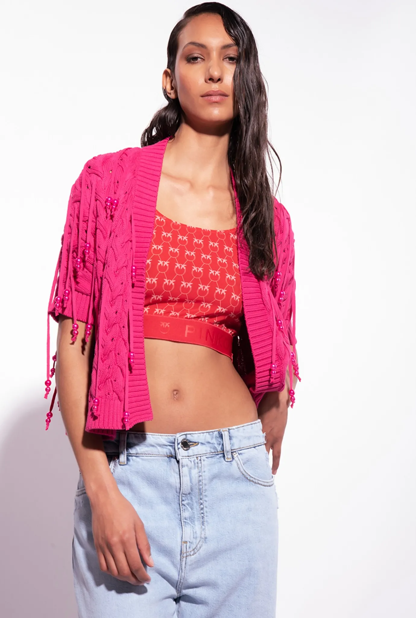 Topwear|PINKO Mini Cardigan Bord A Bord A Perles Rouge Framboise