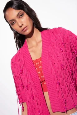Topwear|PINKO Mini Cardigan Bord A Bord A Perles Rouge Framboise