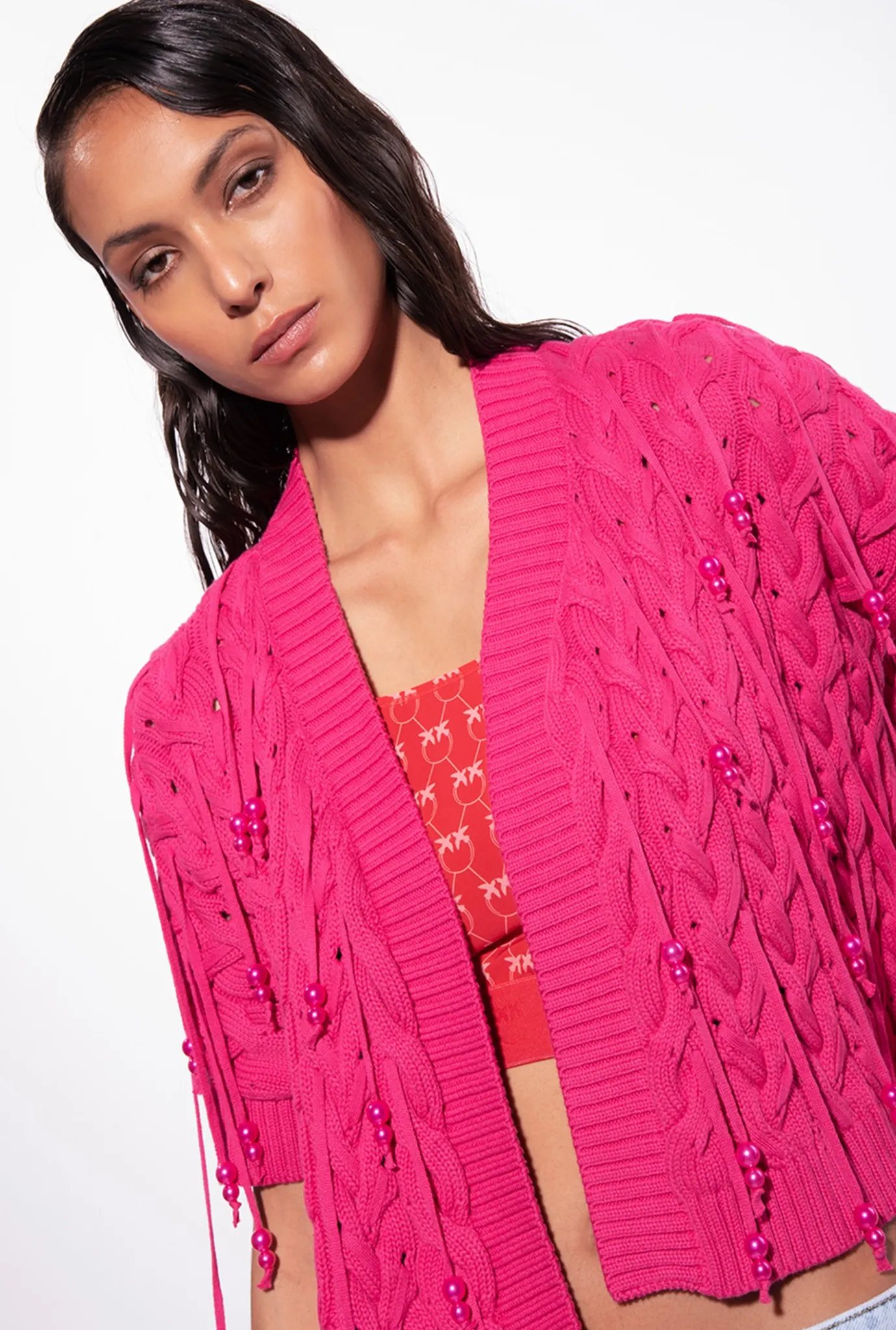 Topwear|PINKO Mini Cardigan Bord A Bord A Perles Rouge Framboise