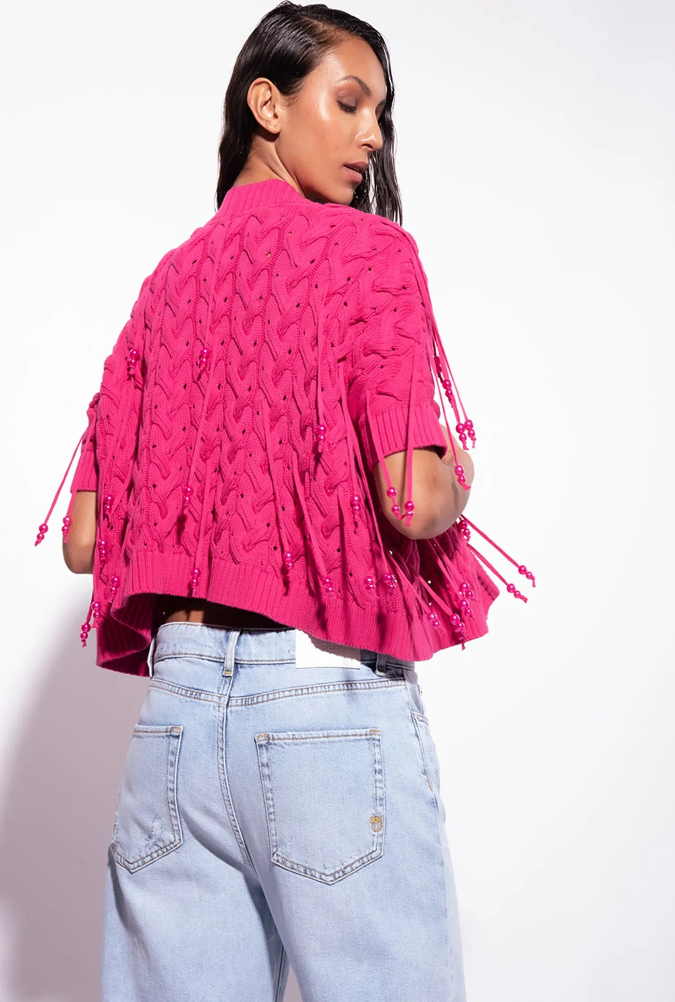 Topwear|PINKO Mini Cardigan Bord A Bord A Perles Rouge Framboise