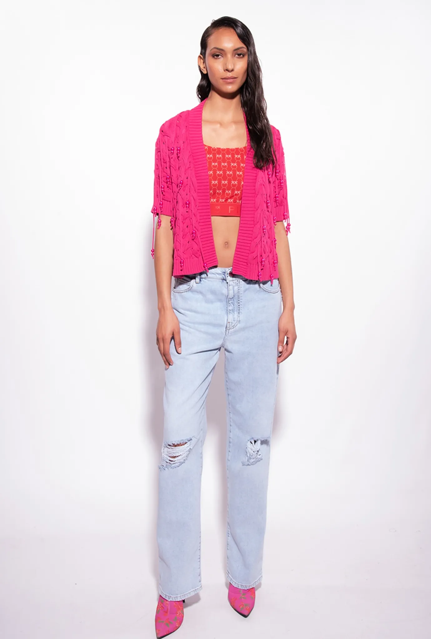 Topwear|PINKO Mini Cardigan Bord A Bord A Perles Rouge Framboise