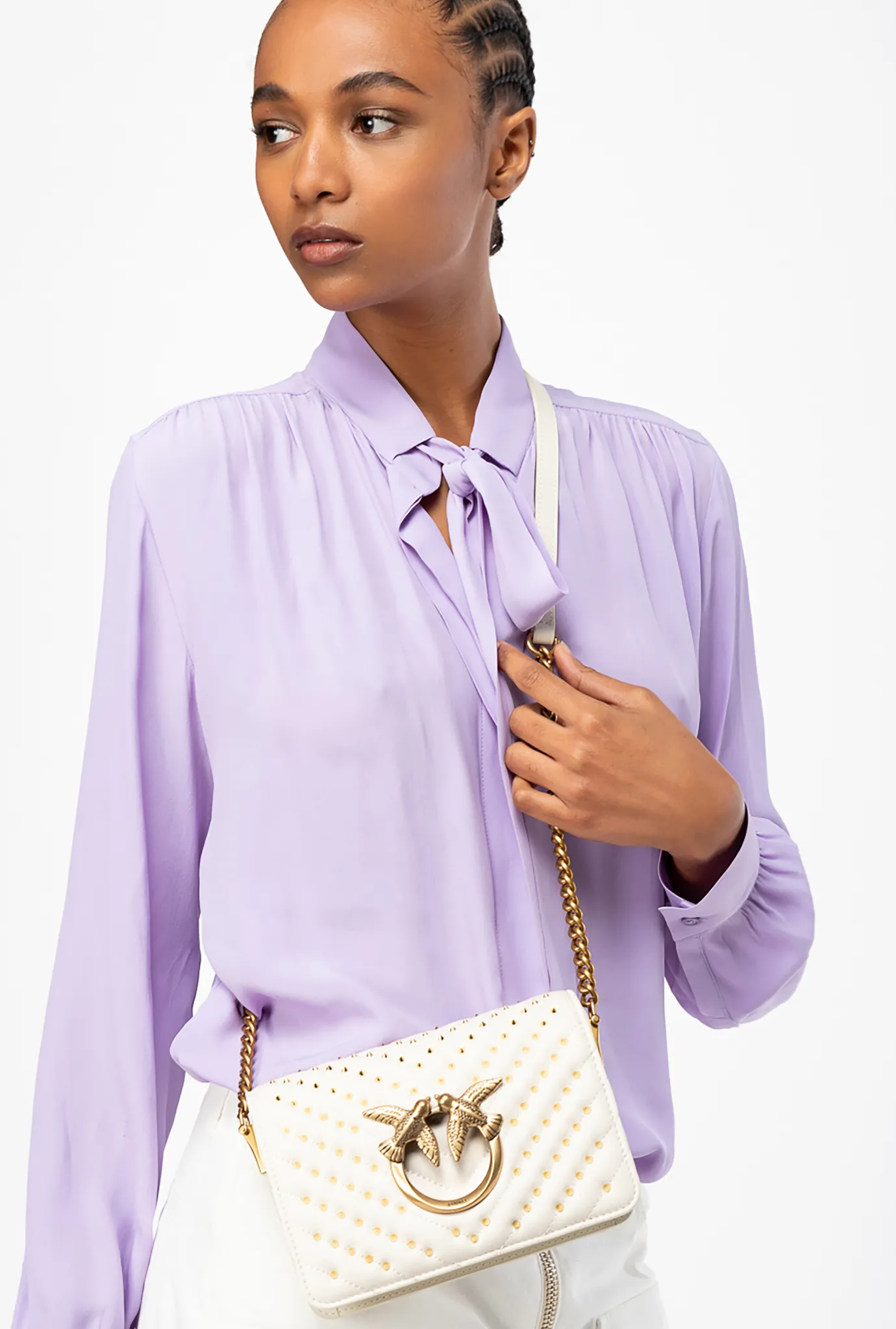 Sacs De Soirée|PINKO Mini Love Bag Click Chevron Studs Blanc+Blanc-Or Antique