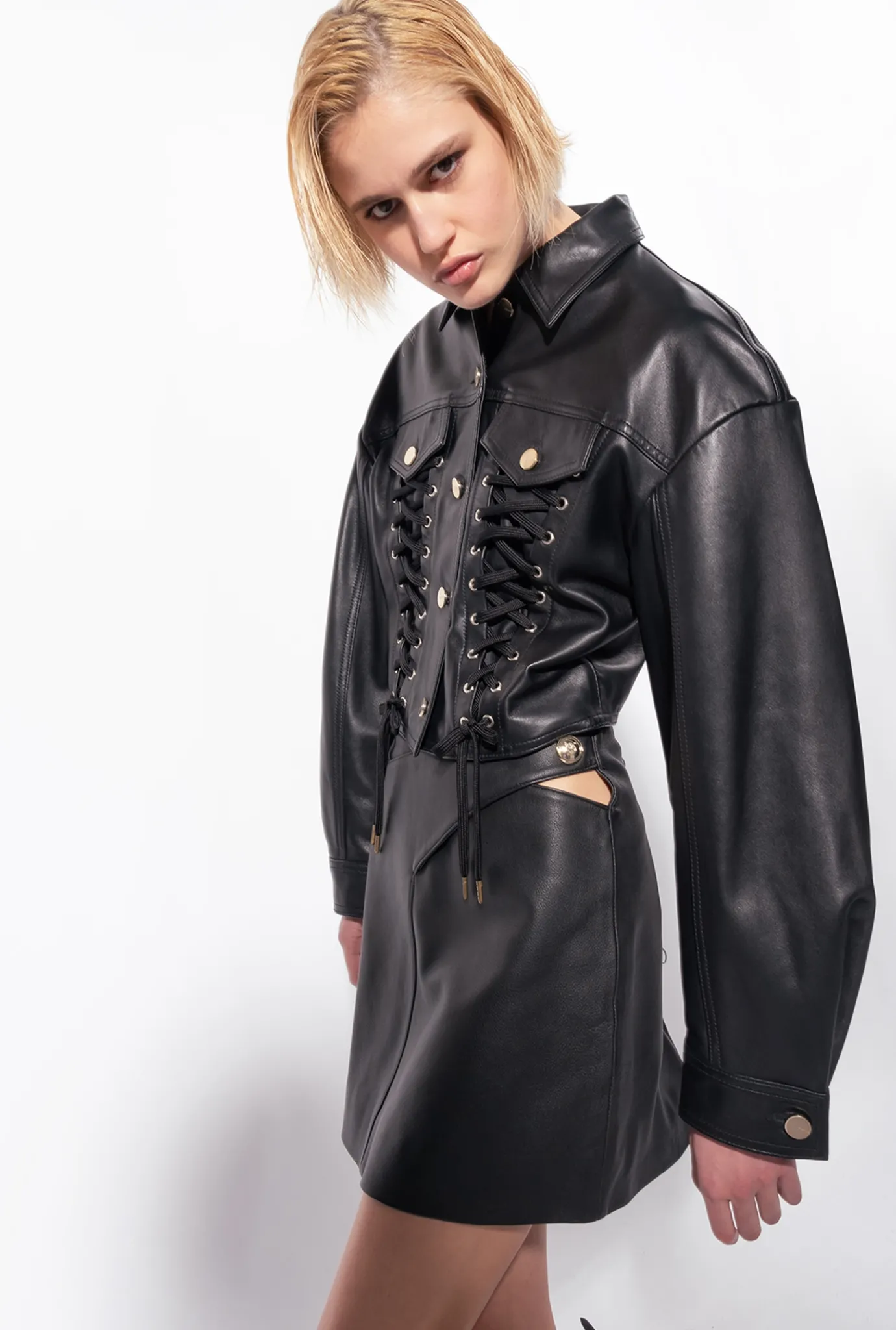 Jupes|PINKO Mini-Jupe En Cuir Nappa Noir Limousine