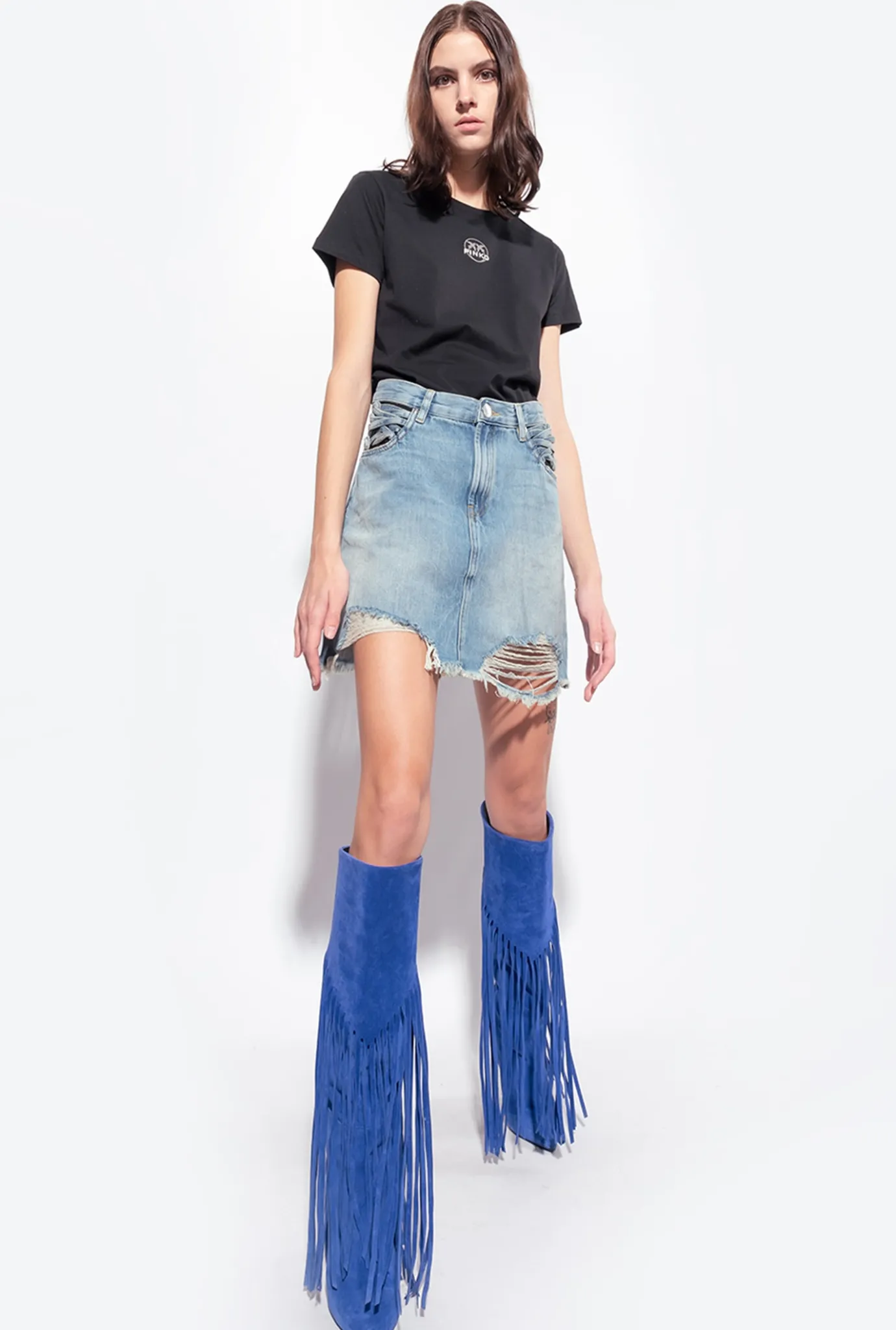 Jupes|PINKO Mini-Jupe En Denim A Lacets Delavage Vintage Moyen