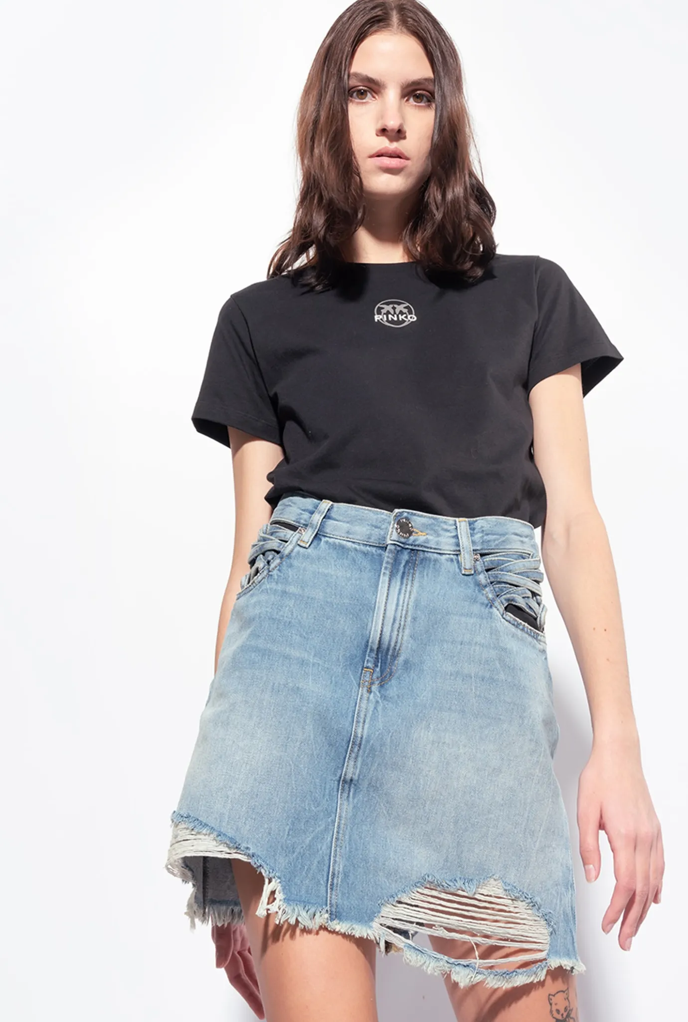 Jupes|PINKO Mini-Jupe En Denim A Lacets Delavage Vintage Moyen