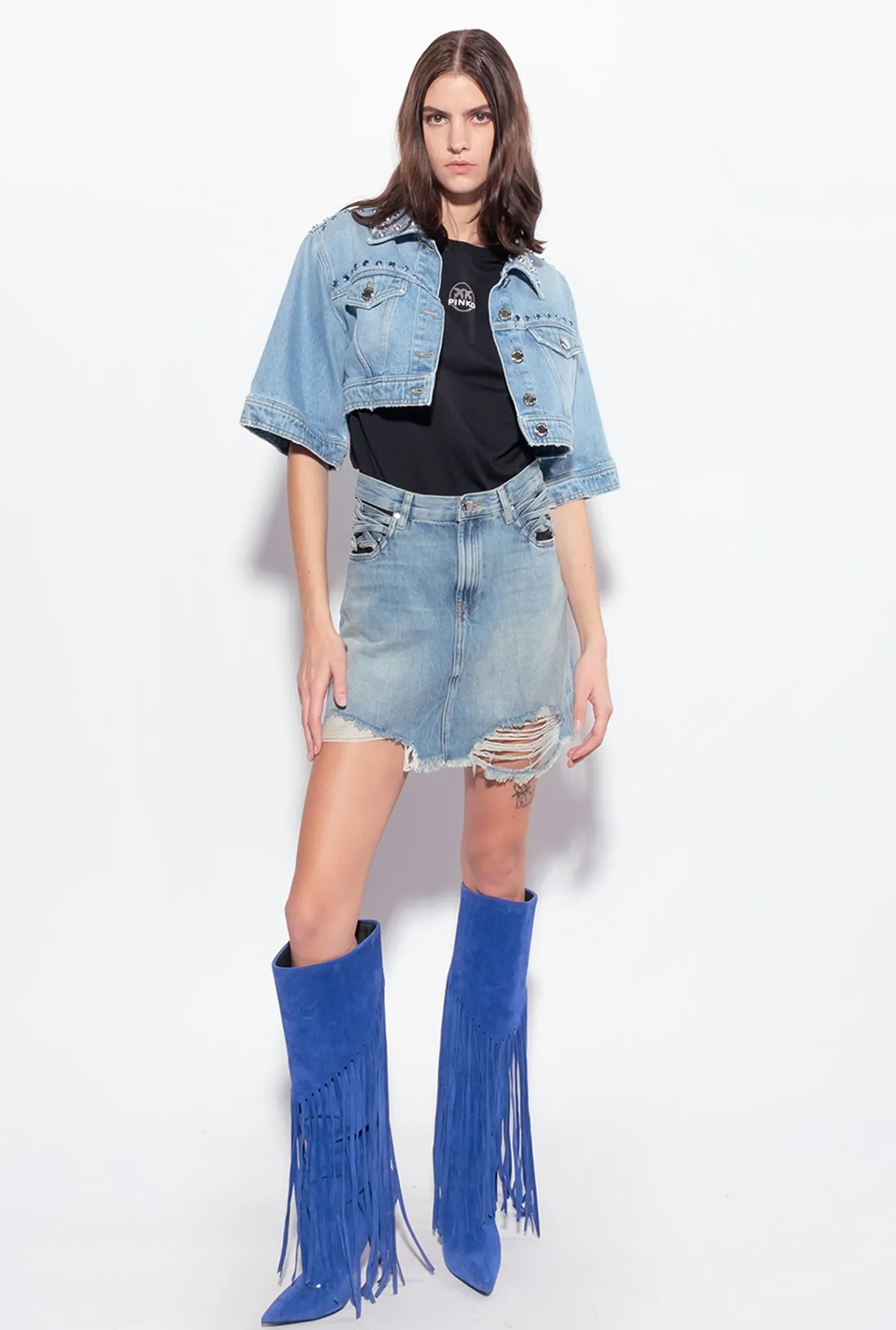Jupes|PINKO Mini-Jupe En Denim A Lacets Delavage Vintage Moyen