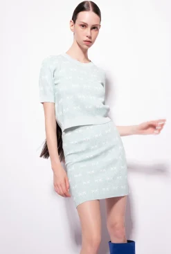 Jupes|PINKO Mini-Jupe Monogram En Lurex Aigue-Marine/Blanc