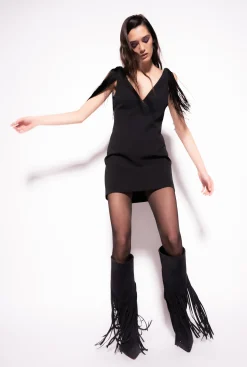 Robes|PINKO Mini-Robe A Epaules Frangees Noir Limousine