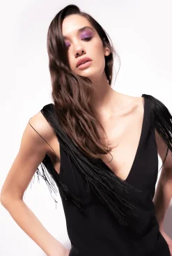 Robes|PINKO Mini-Robe A Epaules Frangees Noir Limousine
