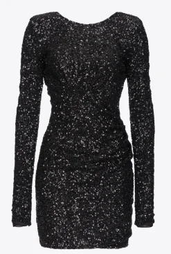 Robes|PINKO Mini-Robe Cache-Coeur Entierement Pailletee Noir Limousine