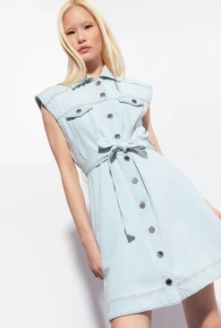 Robes|PINKO Mini-Robe En Denim Leger Vintage Delavage Bleach Moyen