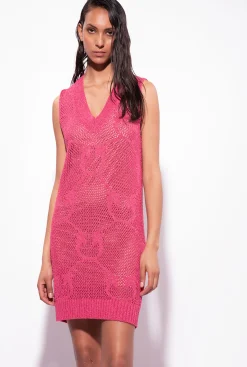 Robes|PINKO Mini-Robe En Maille Filet Rouge Framboise