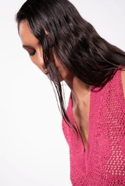 Robes|PINKO Mini-Robe En Maille Filet Rouge Framboise