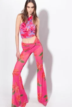 Pantalons|PINKO Pantalon A Fleurs Semi-Transparent Mult. Fuchsia/Rouge