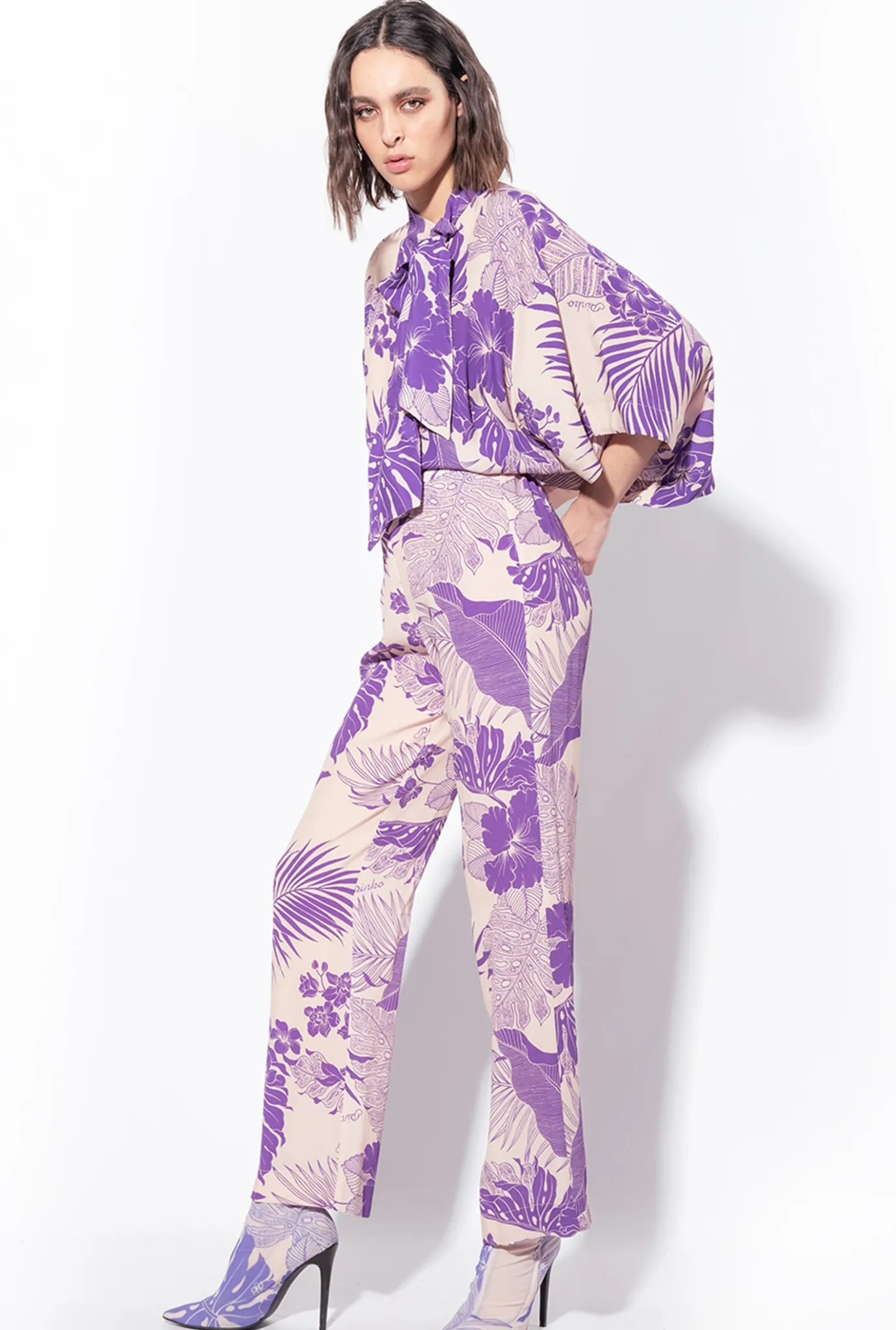 Tailleurs Et Ensembles|PINKO Pantalon A Imprime Tropical Nude/Violet