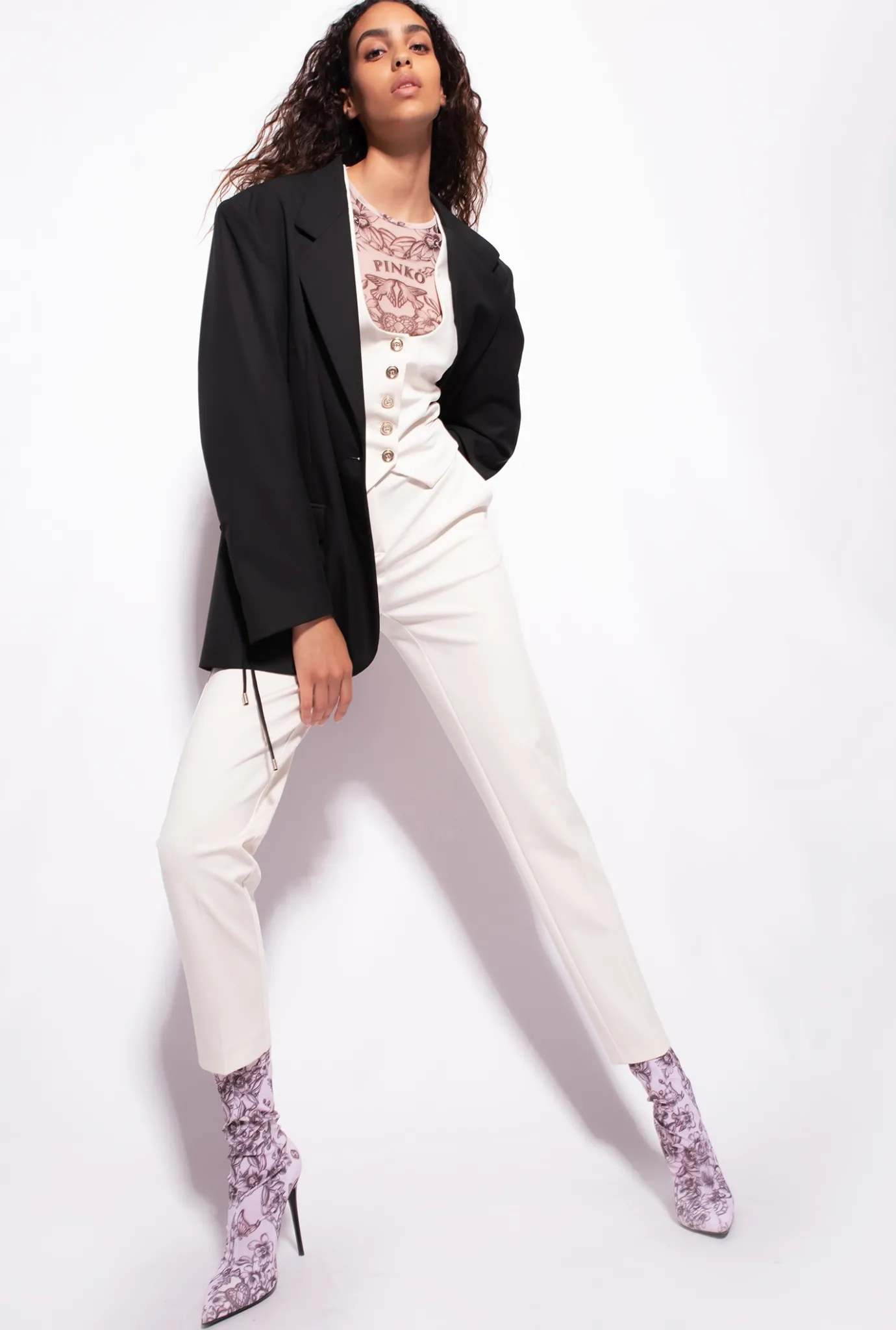 Tailleurs Et Ensembles|PINKO Pantalon Ajuste A Ceinture Love Birds Rose Fume Blanc